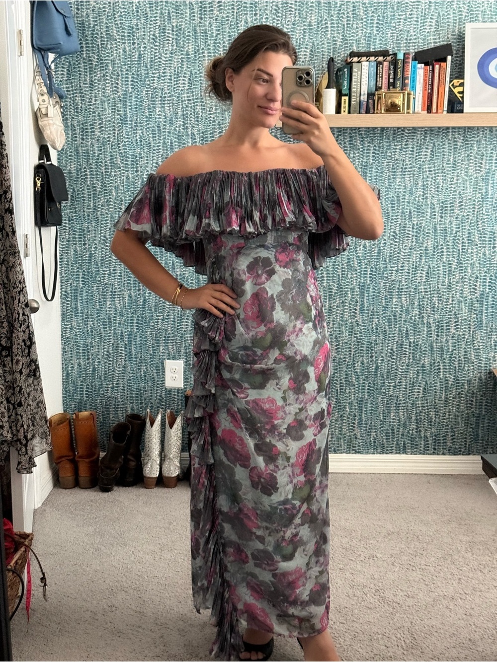 Hutch Anthropologie Off-Shoulder Floral Ruffled Maxi Dress in Pink and Gray